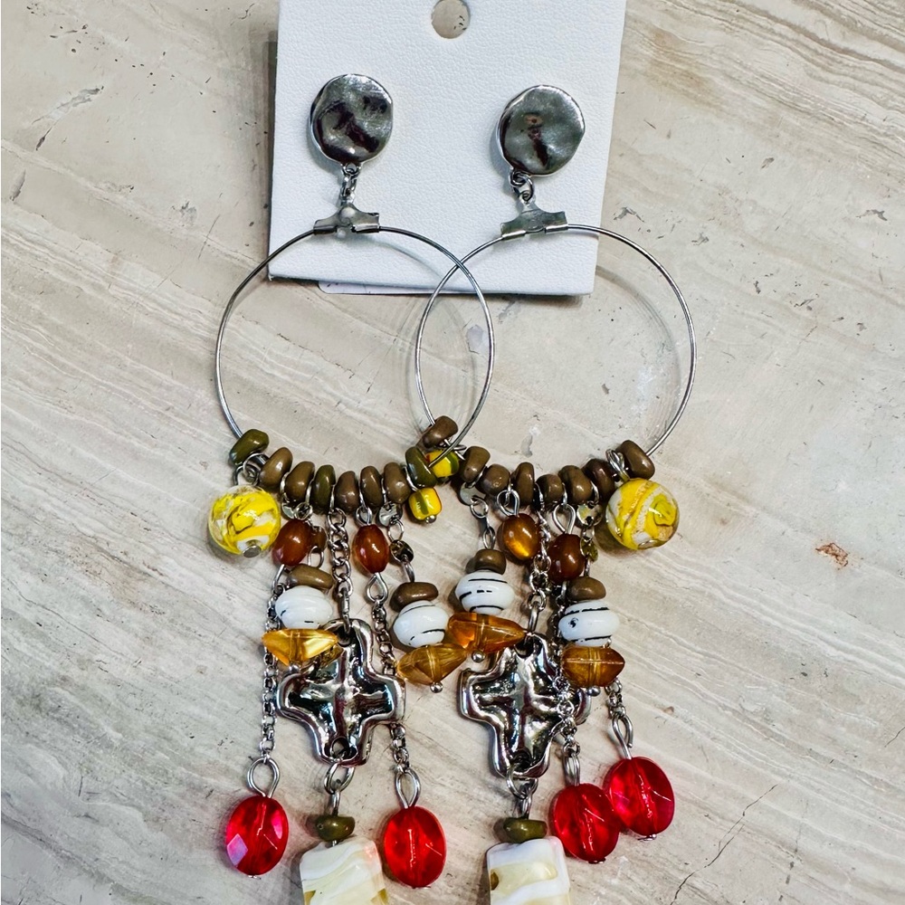 Free People Bohemian Dangle Earrings with Red and Yellow Accents